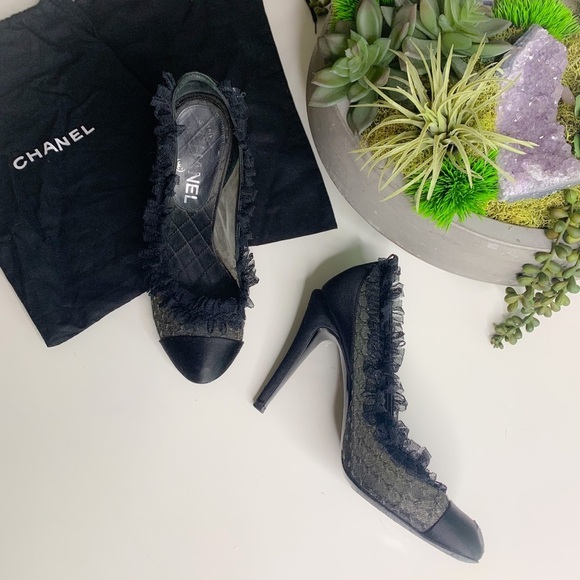 CHANEL Black satin Cap Round Toe Ruffle trim lace sheer high heels Stiletto shoe - Picture 1 of 15